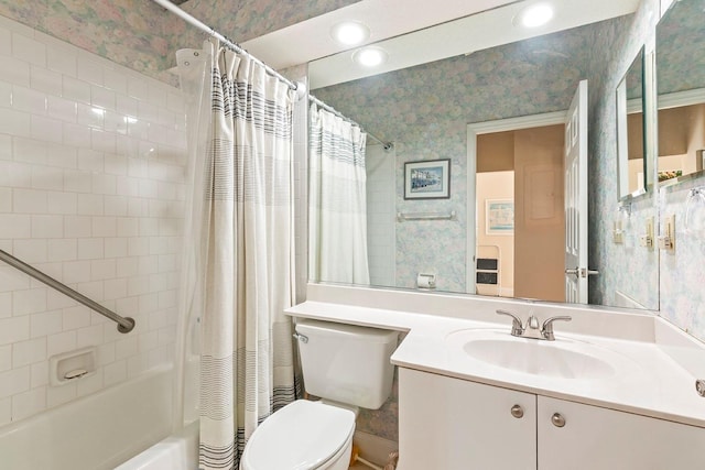 full bathroom with vanity, toilet, and shower / tub combo with curtain