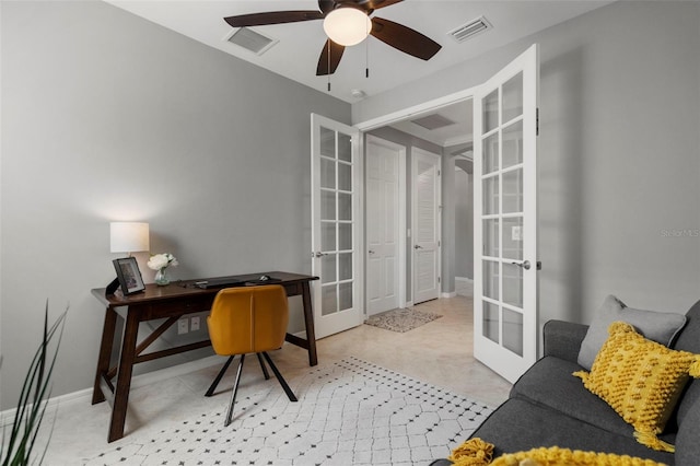 office area featuring ceiling fan and french doors