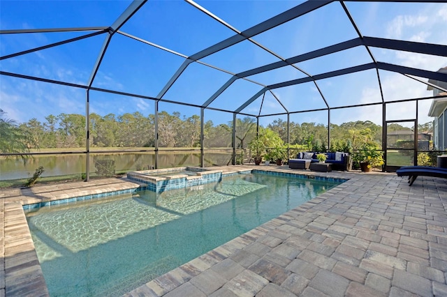 view of pool with outdoor lounge area, a water view, a lanai, an in ground hot tub, and a patio area