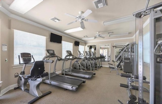 workout area featuring ceiling fan and crown molding