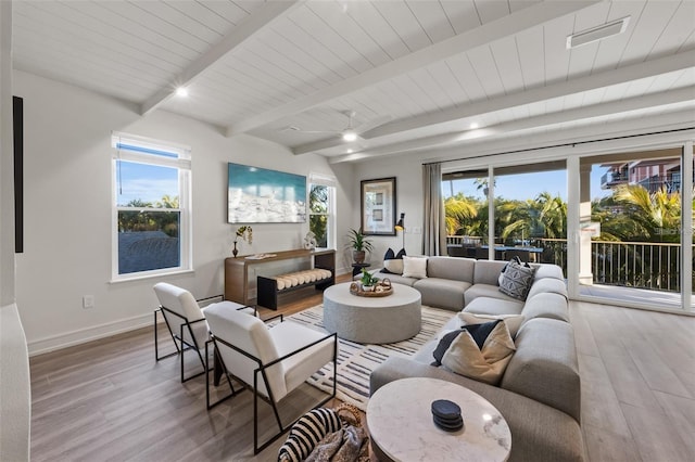 living room with ceiling fan, beamed ceiling, a healthy amount of sunlight, and light wood-type flooring