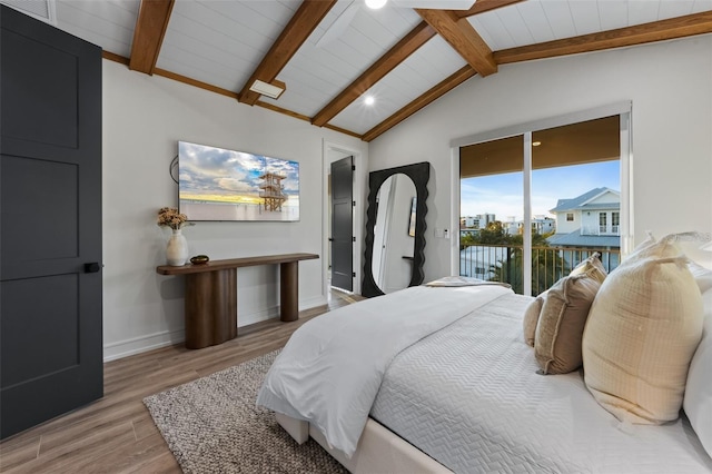 bedroom featuring access to outside, wooden ceiling, lofted ceiling with beams, and light hardwood / wood-style floors