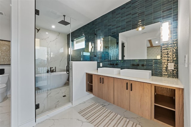 bathroom featuring vanity, tile walls, and plus walk in shower