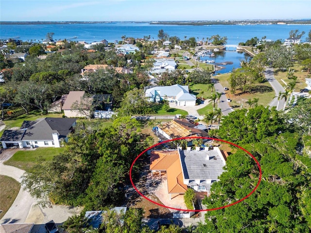 drone / aerial view featuring a water view