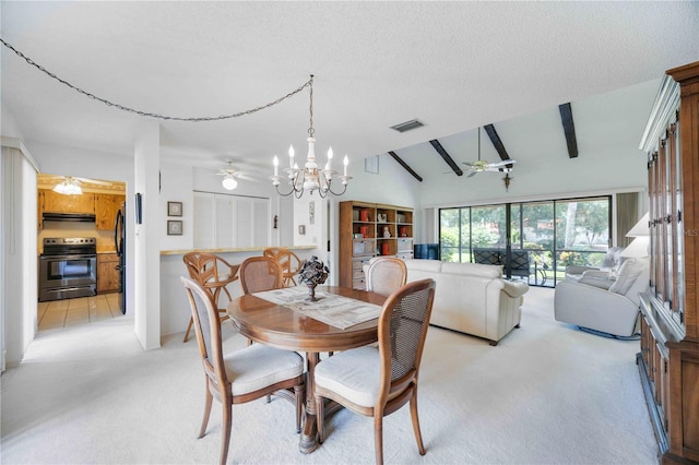 dining area featuring ceiling fan with notable chandelier, vaulted ceiling, light carpet, and a textured ceiling