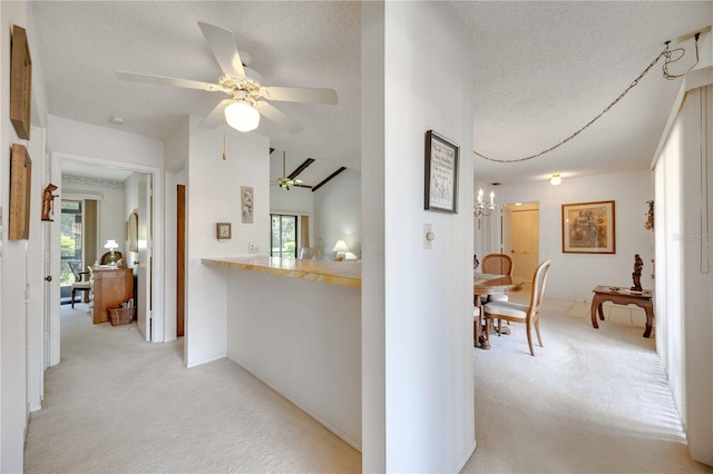 hallway with light colored carpet, a healthy amount of sunlight, and a textured ceiling