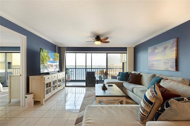 tiled living room with a textured ceiling, ceiling fan, and crown molding