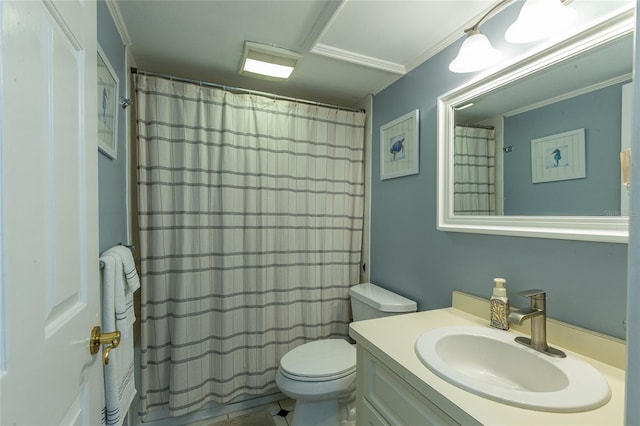 bathroom with vanity, toilet, curtained shower, and crown molding