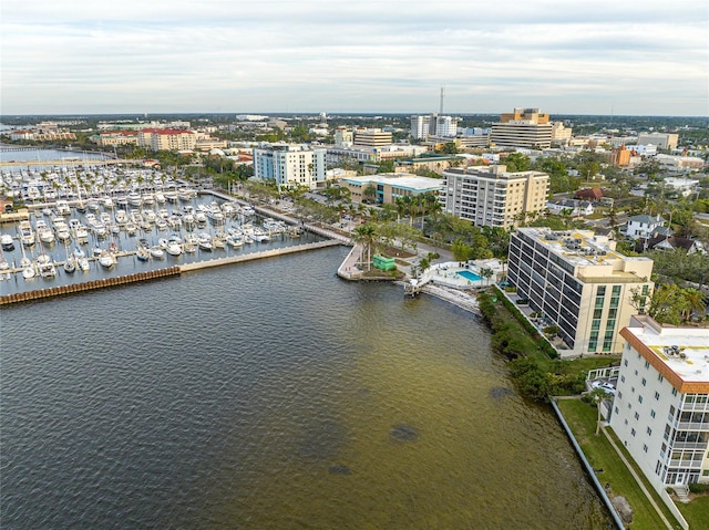 drone / aerial view featuring a water view