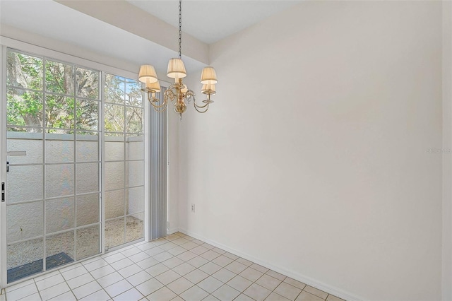 unfurnished dining area with a chandelier and light tile patterned floors