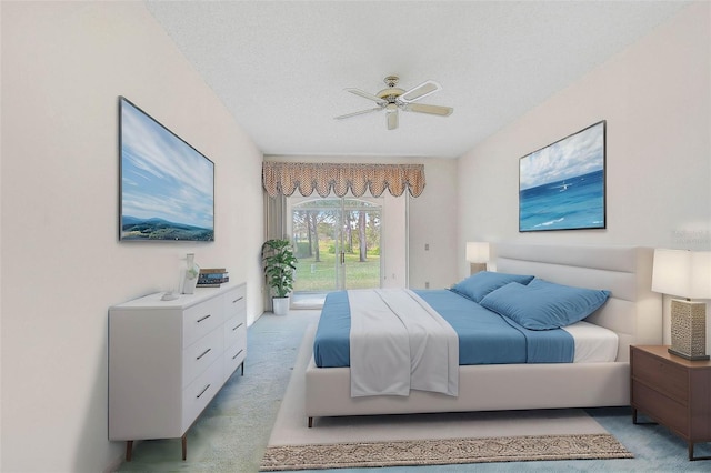 carpeted bedroom featuring ceiling fan, a textured ceiling, and access to outside