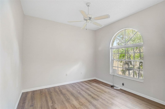 spare room with a wealth of natural light, light hardwood / wood-style flooring, ceiling fan, and a textured ceiling