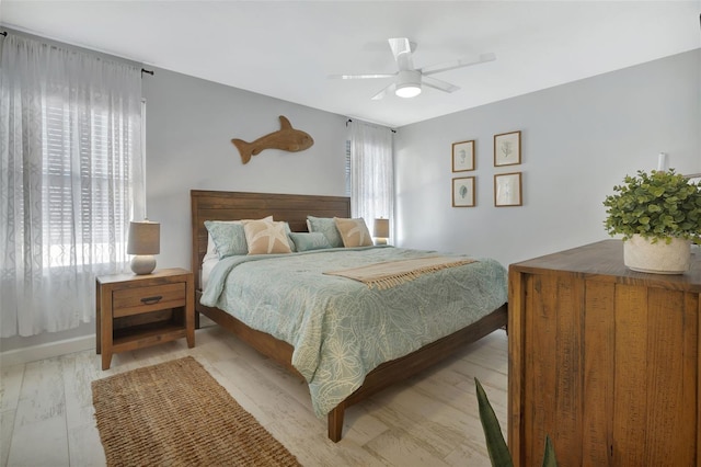 bedroom with ceiling fan and light hardwood / wood-style floors