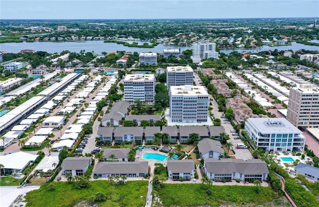 aerial view featuring a water view