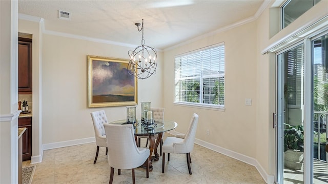 dining space with a chandelier and ornamental molding