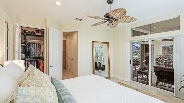 bedroom with ceiling fan, access to exterior, and a closet