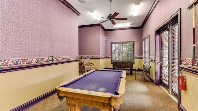 rec room featuring carpet flooring, ceiling fan, pool table, and ornamental molding