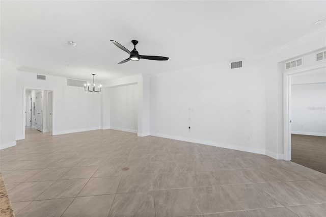 spare room featuring light tile patterned floors, ceiling fan with notable chandelier, and crown molding