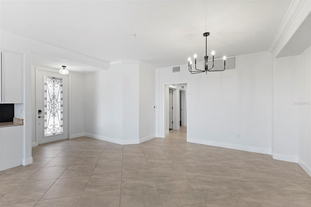 unfurnished dining area with light tile patterned floors, crown molding, and a notable chandelier