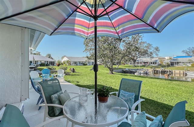 view of patio featuring a water view