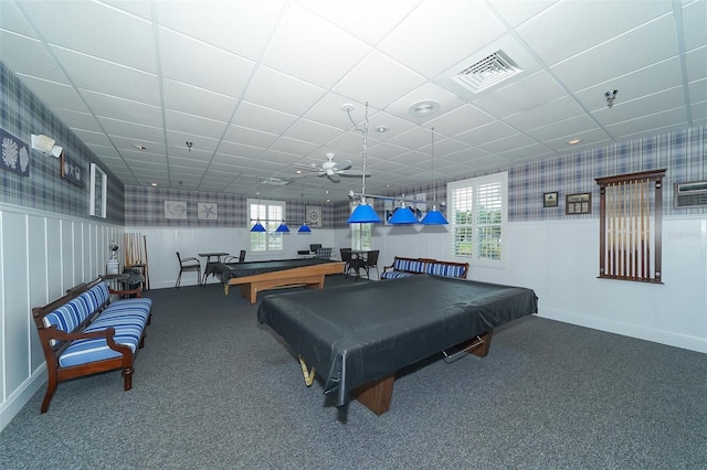 game room with ceiling fan, a drop ceiling, carpet floors, and billiards