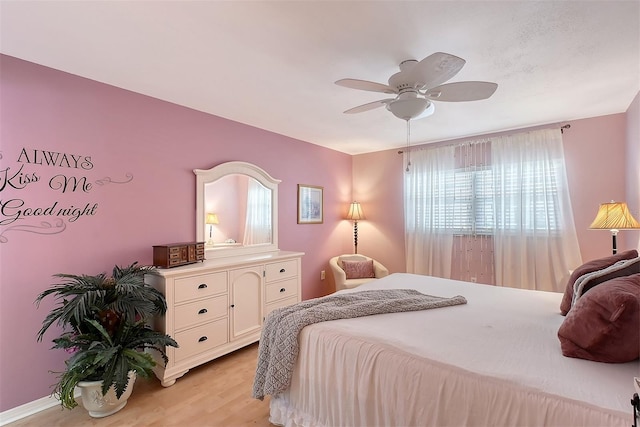 bedroom featuring ceiling fan and light hardwood / wood-style floors