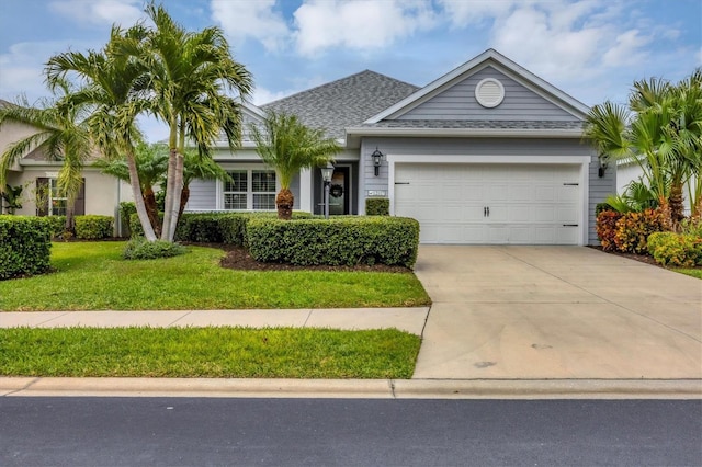 ranch-style home with a front yard and a garage