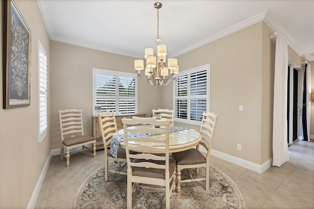 tiled dining area featuring ornamental molding and a chandelier