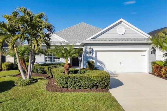 ranch-style home featuring a front lawn and a garage