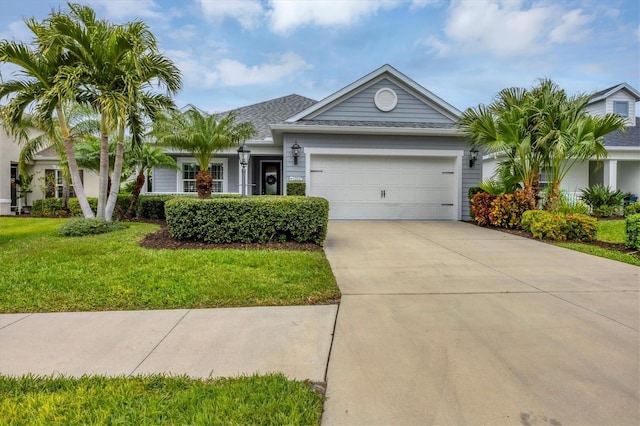 ranch-style home with a garage and a front lawn