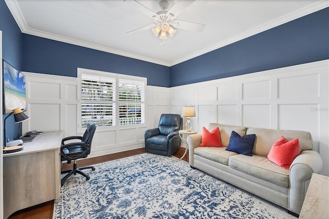 office area featuring crown molding, ceiling fan, and wood-type flooring