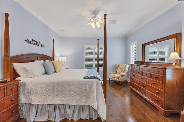 bedroom with ceiling fan, crown molding, and dark hardwood / wood-style floors