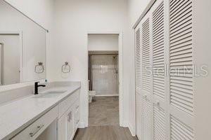 bathroom featuring vanity, hardwood / wood-style flooring, and toilet