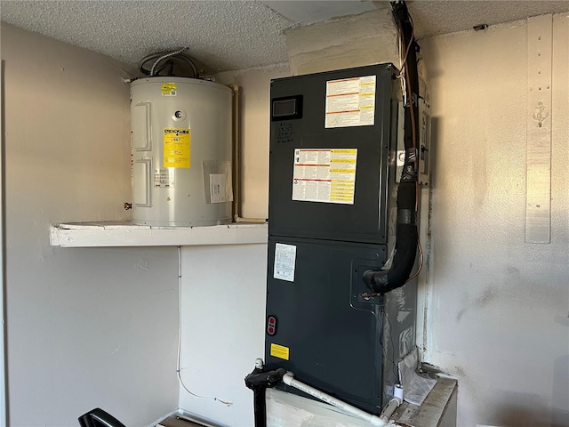 utility room featuring heating unit and water heater