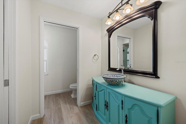 bathroom with hardwood / wood-style floors, vanity, and toilet