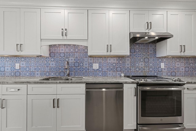 kitchen featuring backsplash, sink, white cabinets, and stainless steel appliances