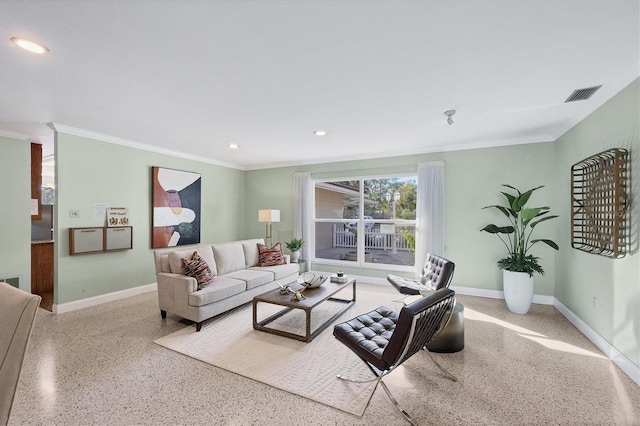 living room with crown molding