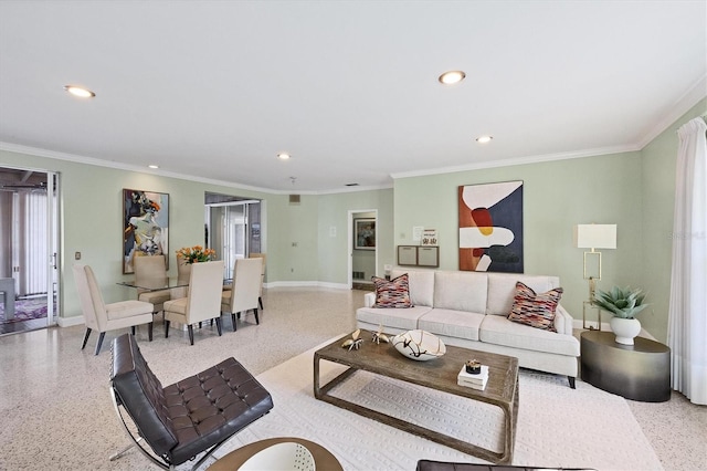 living room with crown molding