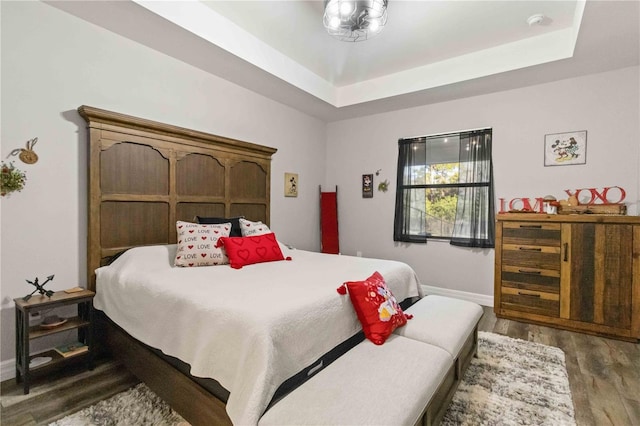 bedroom featuring a raised ceiling and dark hardwood / wood-style flooring