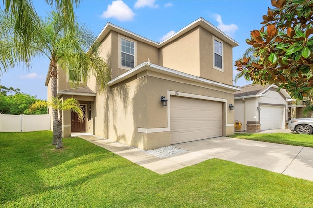 view of front of home with a garage and a front lawn