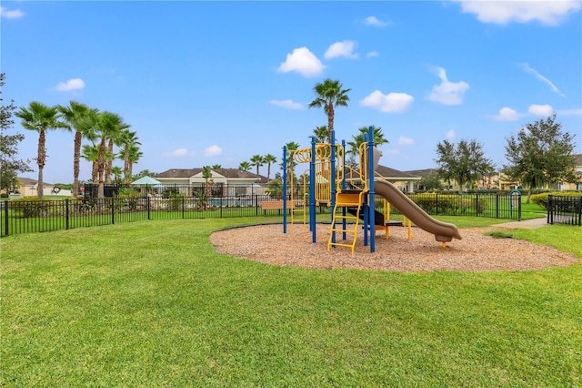 view of jungle gym with a yard