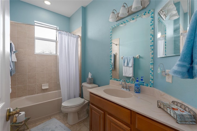 full bathroom featuring tile patterned flooring, shower / tub combo with curtain, vanity, and toilet