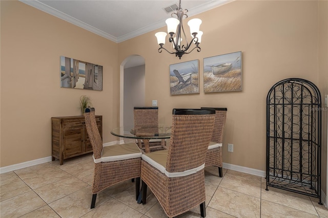 3439 101st Ave E, Parrish, FL 34219 - tiled dining room with arched walkways, crown molding, and a chandelier