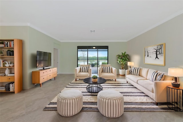 living room with ornamental molding