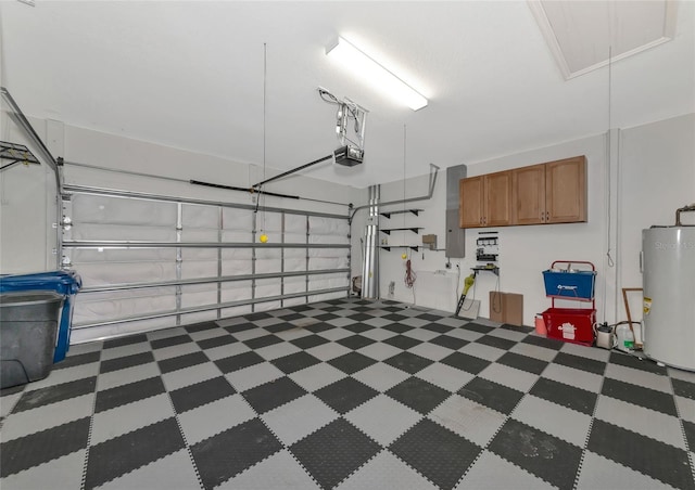 garage with water heater and a garage door opener