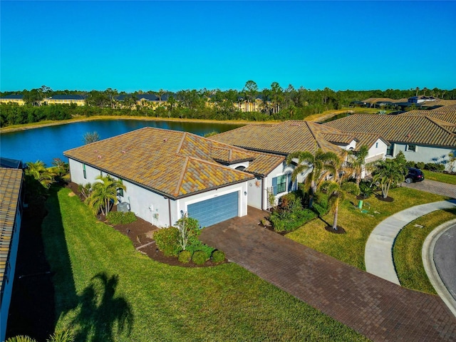 aerial view featuring a water view