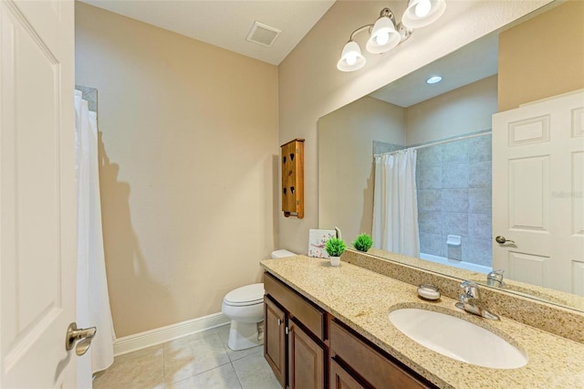 bathroom with toilet, a shower with curtain, vanity, and tile patterned floors