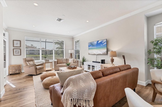 living room with crown molding and light hardwood / wood-style flooring