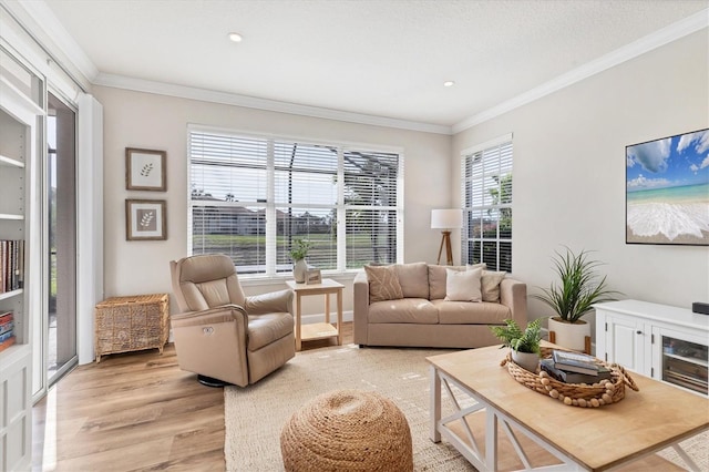 living room with light hardwood / wood-style floors and ornamental molding