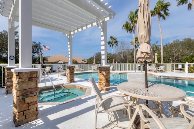 view of swimming pool featuring a patio area, a community hot tub, and a pergola